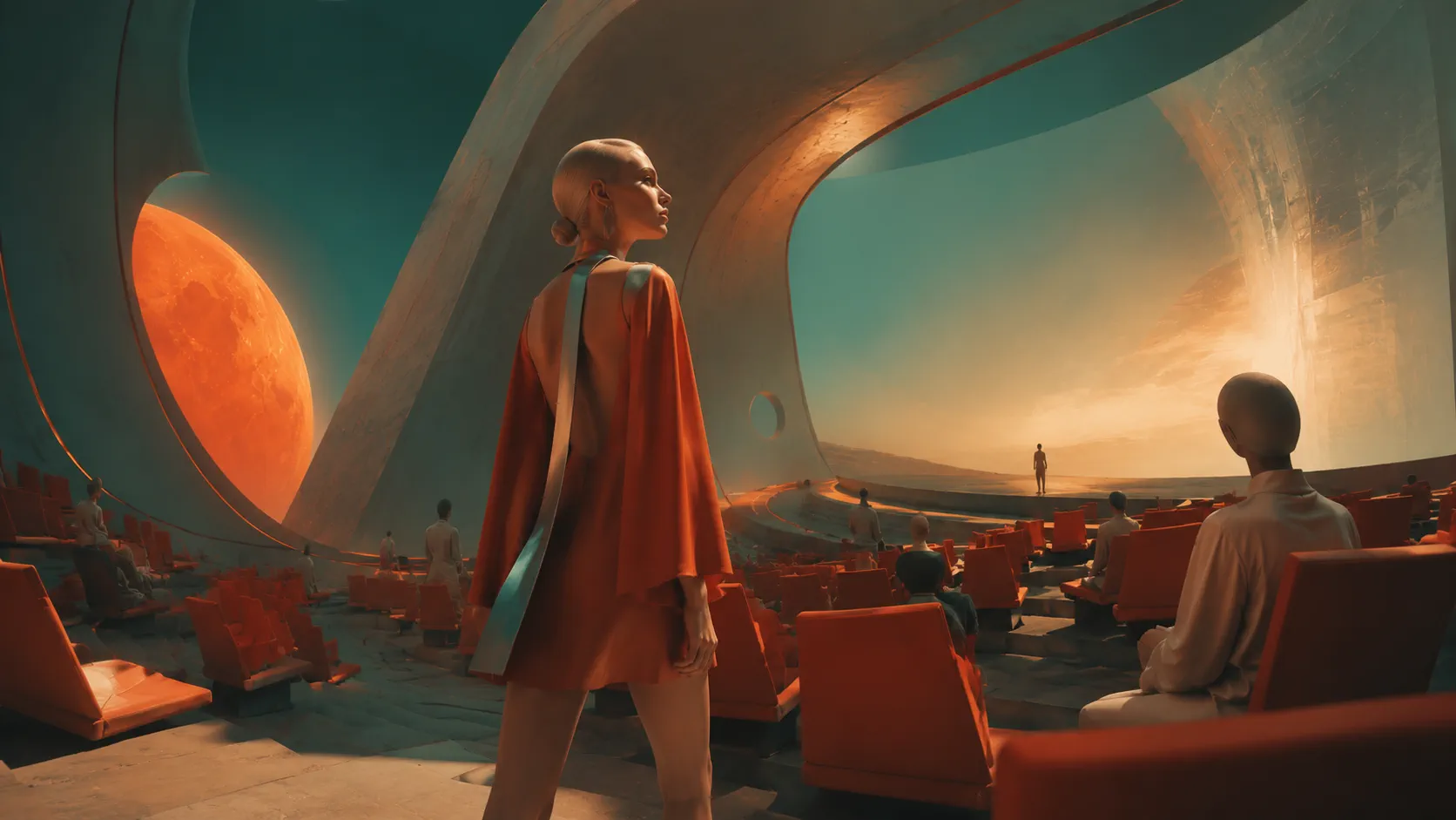A fashion figure entering a futuristic theater beneath an orange planet