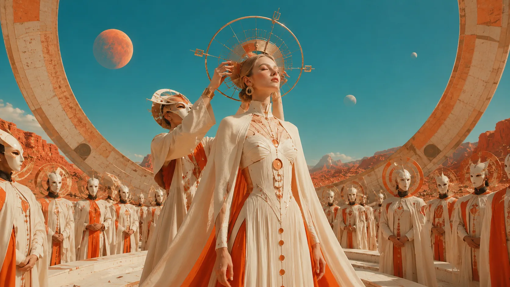 A ceremonial fashion gathering beneath planets and monumental orange rings