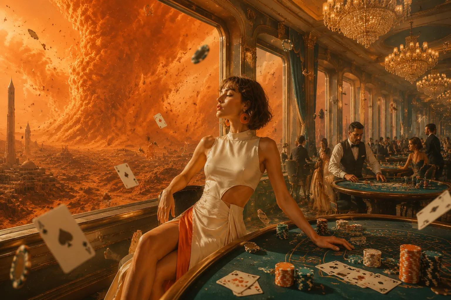 A fashion figure inside a casino as an orange sandstorm overtakes the city outside