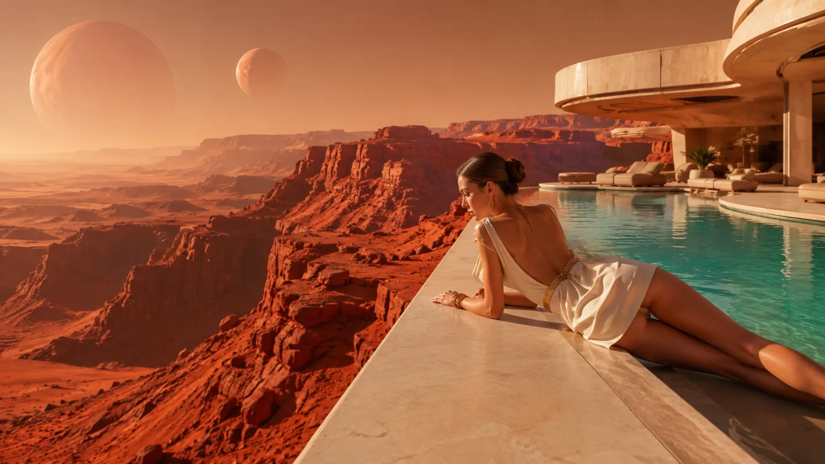 A fashion campaign beside a pool on a red planet