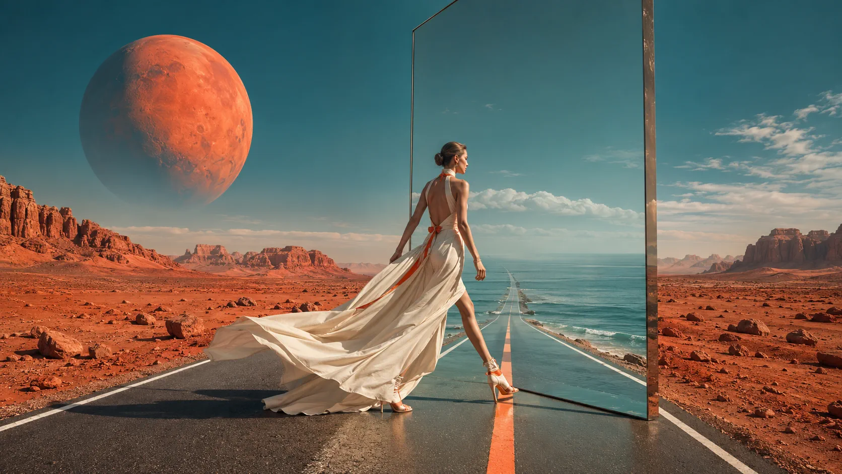 A fashion figure crossing a mirror portal on a red planet