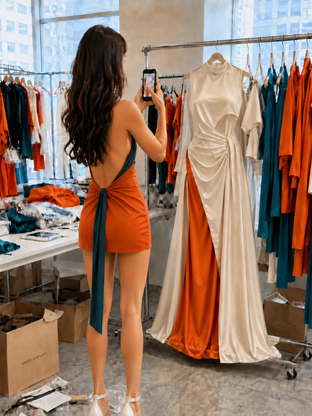A fashion designer photographing a garment inside the Mars mobile app