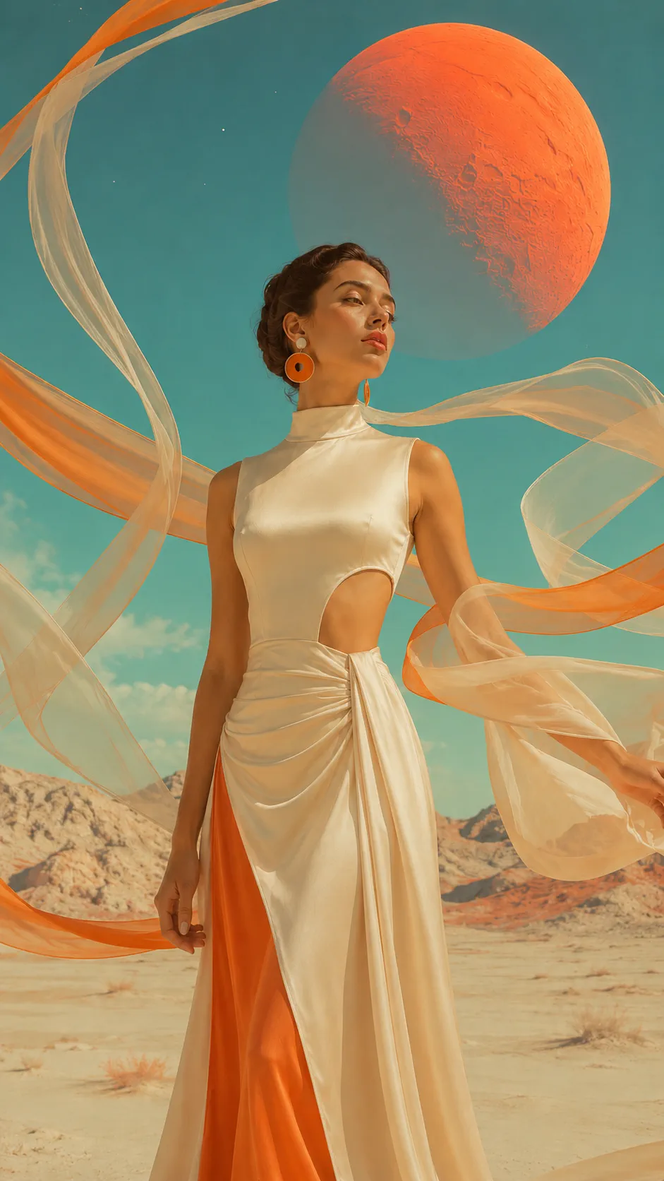 Mars campaign portrait beneath an orange planet