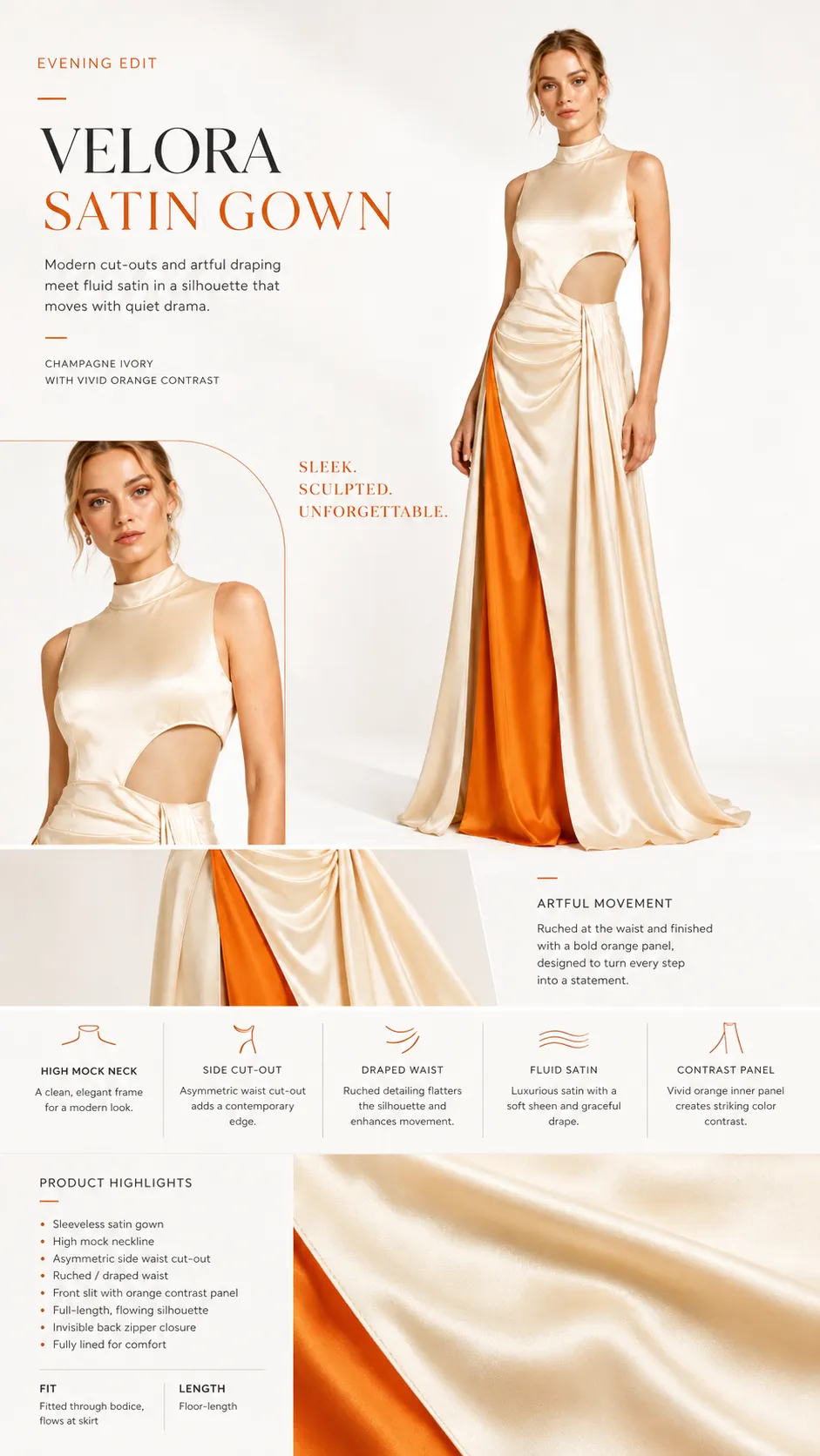 Velora satin gown editorial product story