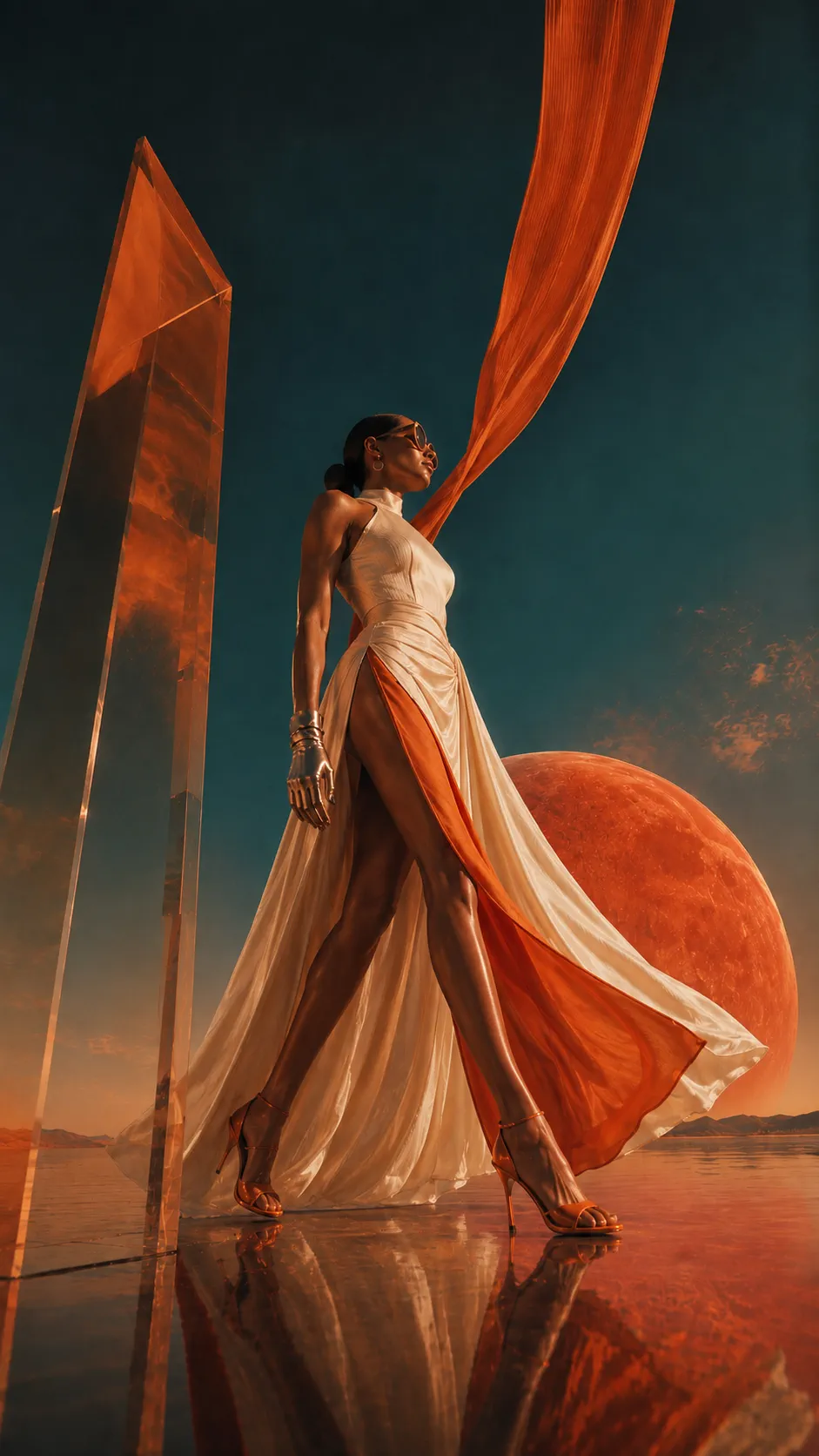 Mars runway image with an orange crystal obelisk